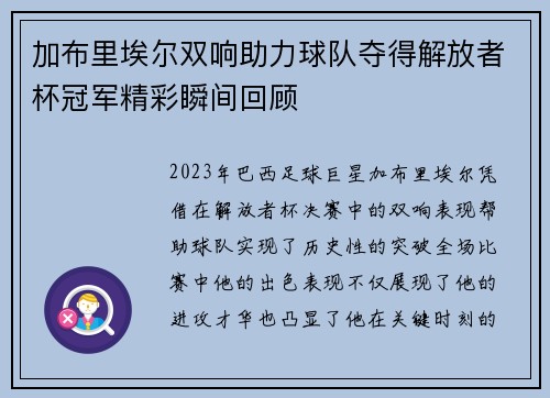加布里埃尔双响助力球队夺得解放者杯冠军精彩瞬间回顾