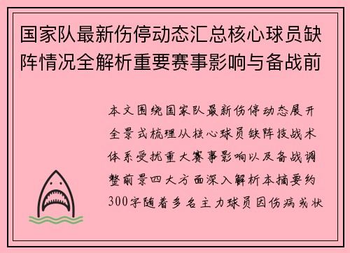 国家队最新伤停动态汇总核心球员缺阵情况全解析重要赛事影响与备战前景 国家队最新伤停动态汇总核心球员缺阵情况全解析重要赛事影响与备战前景